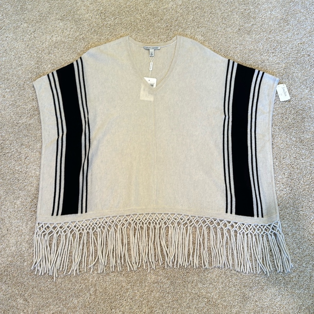 Autumn Cashmere gray and black stripe fringe poncho shawl